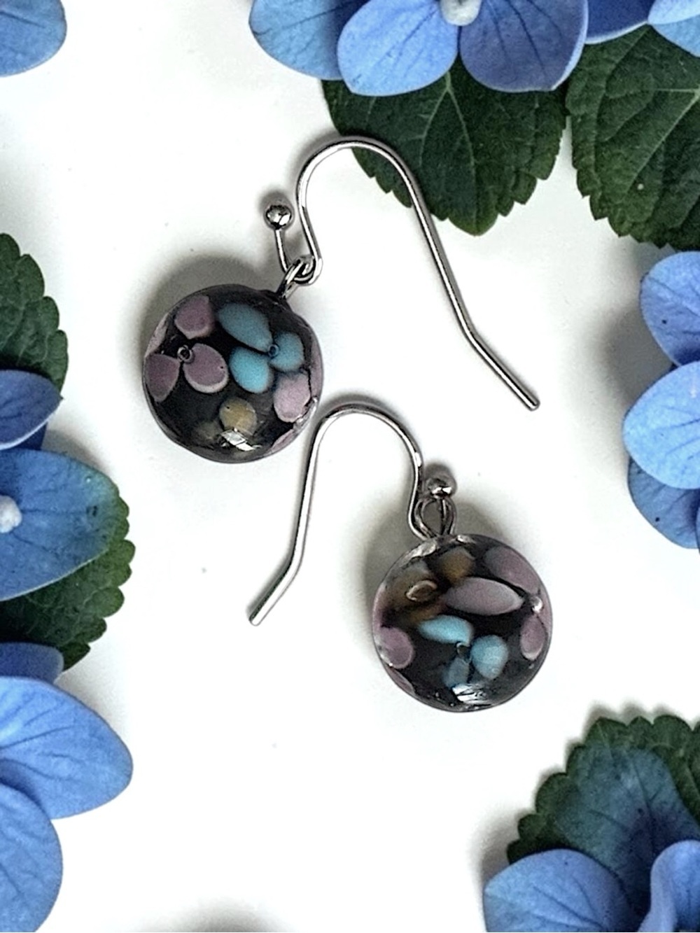 5 For $25💫Lampwork Glass Bead Drop Earrings in Black with Pink & Blue Accents